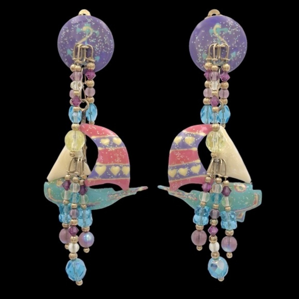 Vintage 1989 Lunch at the Ritz Pastel Colors Sailboat Clip On Earrings 80s